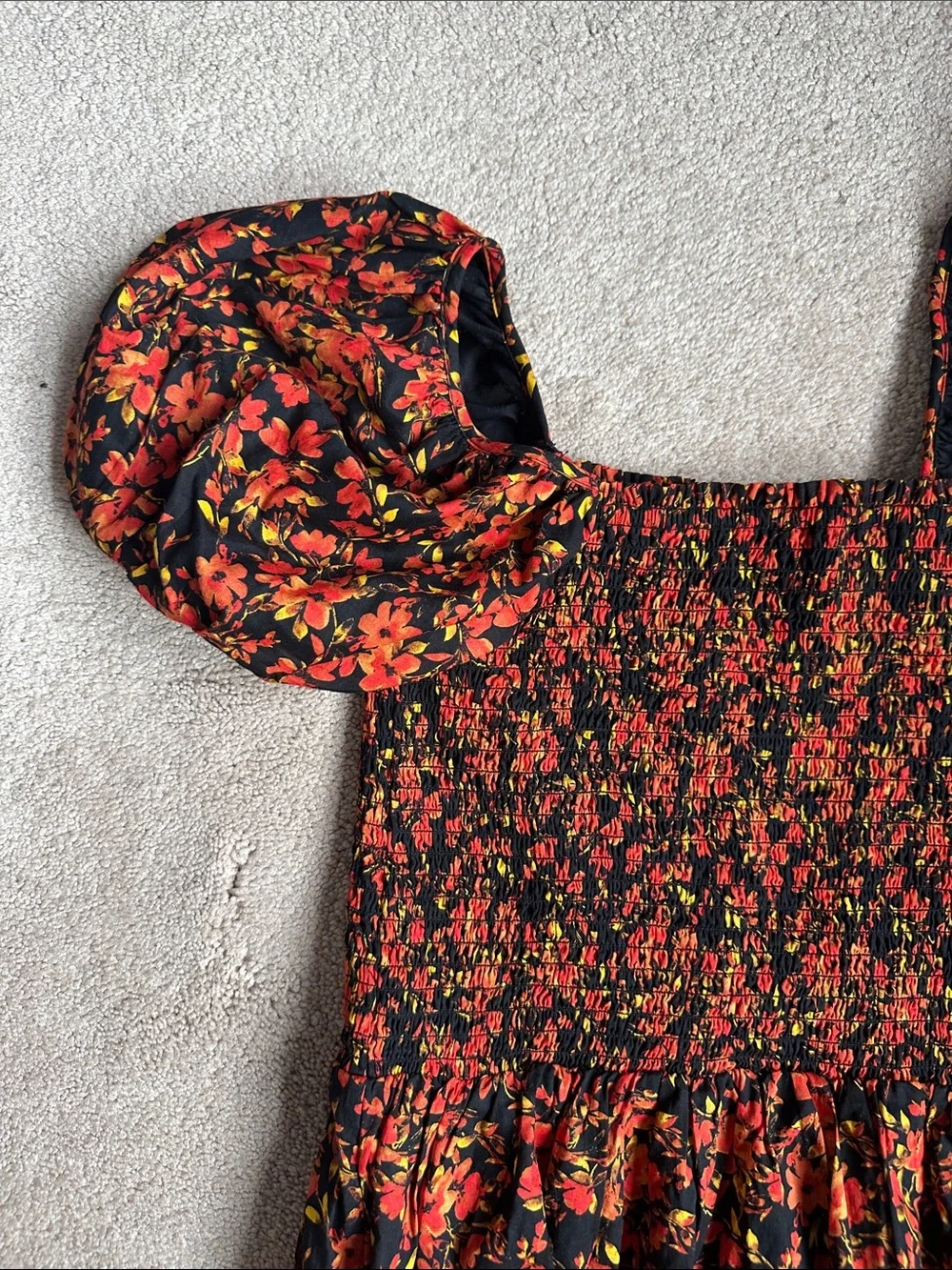 Girl's (teen) Black Dress with Red Floral Print Puff Sleeves